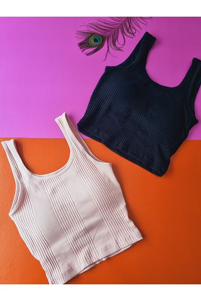 Demirsa Boutique Camisole Fabric Oval Neck 2-Piece Powder and Black Women's Fixed Pad Crop Blouse Singlet