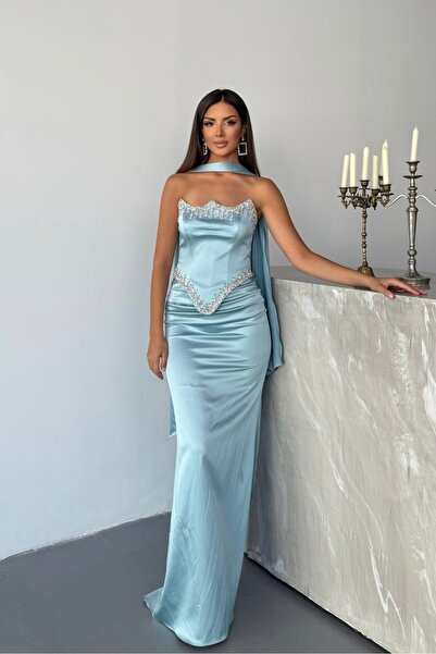 İyem Abiye Şal Ve Taş Detaylı Şık Özel Tasarım Saten Abiye Elbise Dar Kalıp