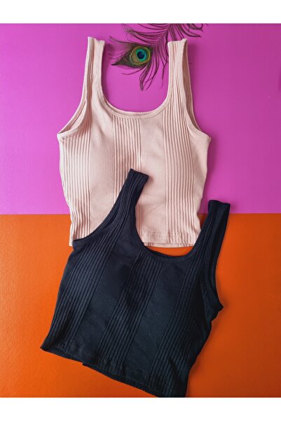 Demirsa Boutique Camisole Fabric Oval Neck 2-Piece Powder and Black Women's Fixed Pad Crop Blouse Singlet