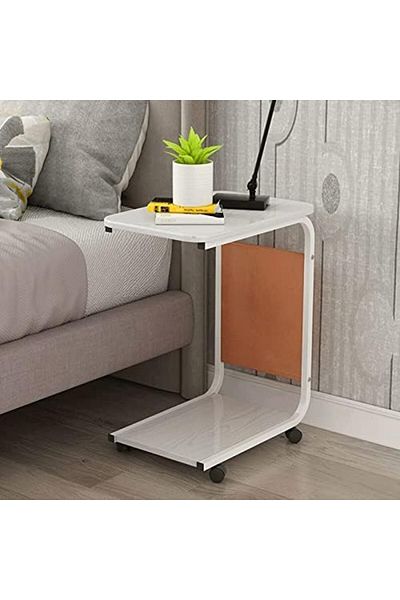 Türkiye Rolling Side Table C Shaped End Table, Heavy Duty Mobile Table with Side Pocket and Wheels Over Bed