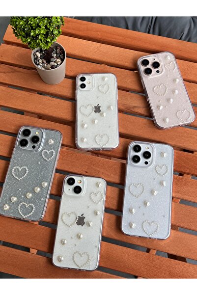 EDELFU iPhone 16 Pro Max Compatible Pearl and Glitter Heart Transparent Glitter Silicone Phone Case
