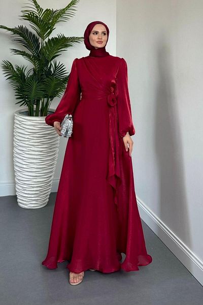 MERVEN AKYÜZ Celia Side Tie Janjan Evening Dress Burgundy