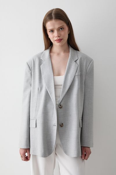 JASTE Women's Gray Button Detailed Oversize Blazer Jacket