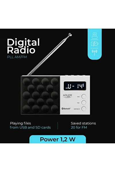 adler Radio digital AD 1908, PLL FM/AM, 800 mAh Battery, USB-C (White/Black)