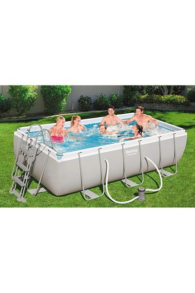 BESTWAY Power Steel Rectangular Steel Frame Pool Set with Filter Pump + Accessories, Grey