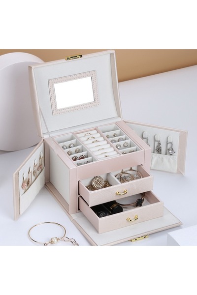 gaman Jewelry Carry Case - Table Top Jewelry Box 3 Drawers Cream Patterned Pu Leather with Key