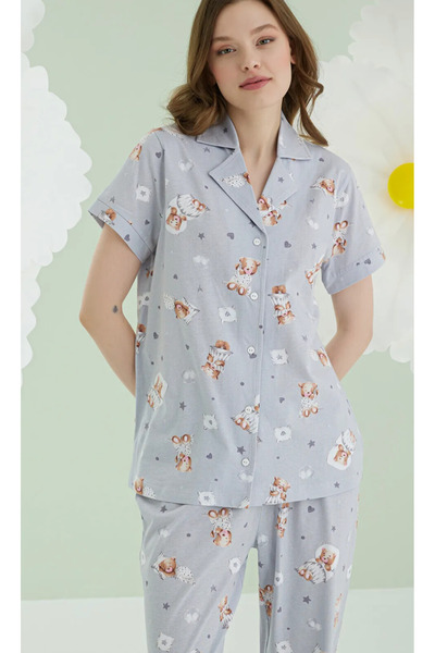 NBB Women'S, Bear Themed, 100% Cotton, Shirt Collar, Short Sleeve Pajama Set