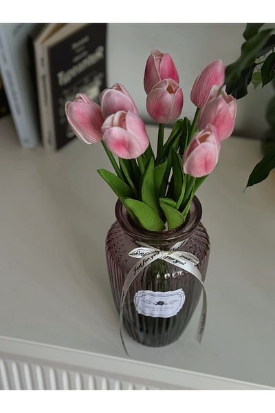 BUCOLIC Elegance Striped Glass Vase Sunset & Wet Tulip Bouquet