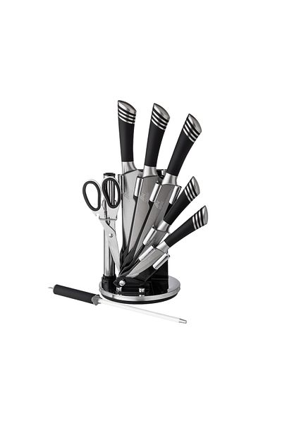 Dania 7-Piece Stainless Steel Kitchen Knife Set with Holder in Black and Silver