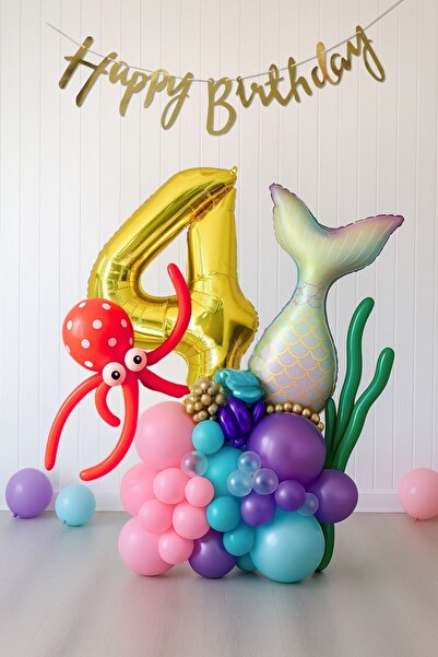 PARTİAVM 4 Year Old Girl's Birthday Mermaid Balloon Bouquet Mermaid Theme Gold Number Balloon Chain Concept