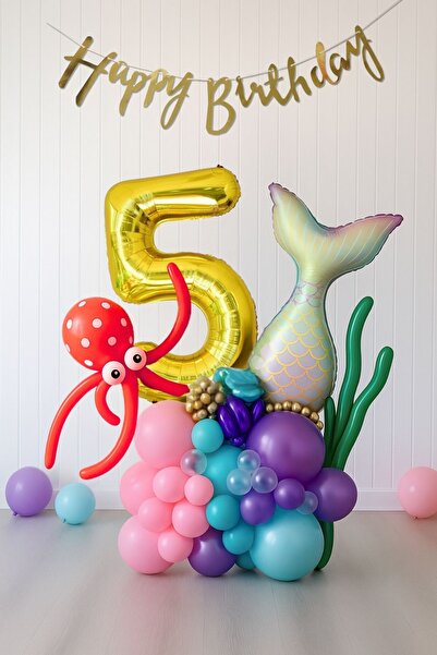 PARTİAVM 5 Year Old Girl's Birthday Mermaid Balloon Bouquet Mermaid Theme Gold Number Balloon Chain Concept