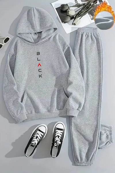 CLAYES Unisex Black Vertical Printed Hooded Gray Tracksuit Set - Winter Embossed Fabric