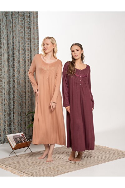 BLACKMORE Burgundy Front Half Button Cotton Oversized (Plus Size) Long Sleeve Nightgown