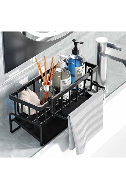 Lrpiyvo Organizator de chiuveta, cu tavă de colectare, otel negru,9x23x10cm,