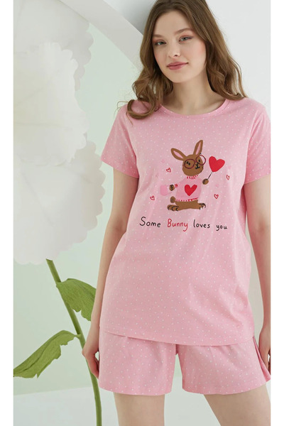 NBB Γυναικείο, Θέμα κουνελιού, Ροζ, Κοντομάνικο T-shirt-Σορτς, Σετ Σπίτι