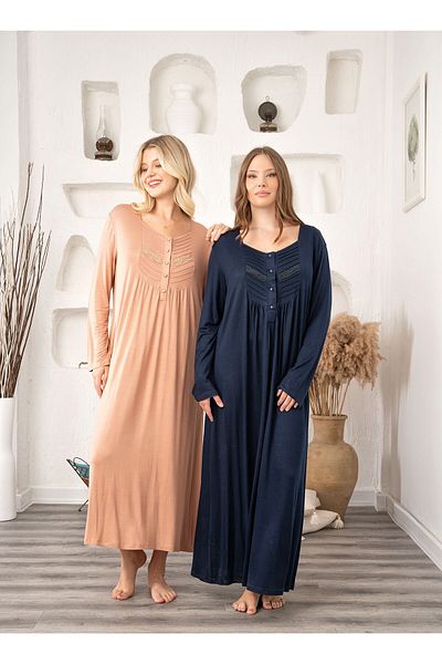 BLACKMORE Navy Blue Front Half Button Cotton Oversized (Plus Size) Long Sleeve Nightgown