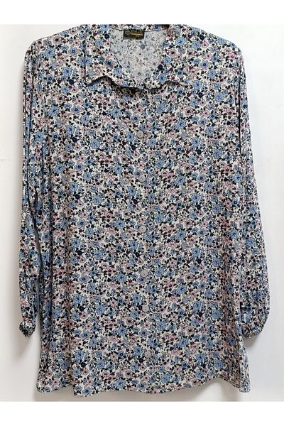 AKŞEN GİYİM Large Size 100% Cotton Viscose Crispy Floral Patterned Long Sleeve Shirt with 80 cm Length