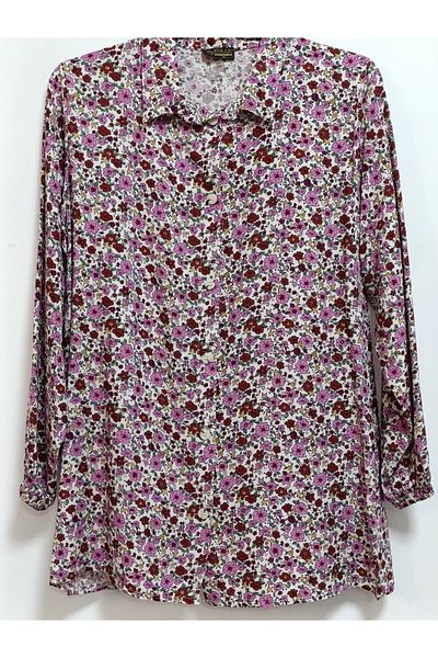 AKŞEN GİYİM Large Size 100% Cotton Viscose Crispy Floral Patterned Long Sleeve Shirt with 80 cm Length