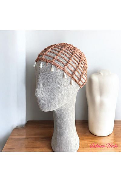 Satürn Hobi Knitted Bohemian Pearl & Charm Detailed Mesh Hat Bandana Hair Accessory