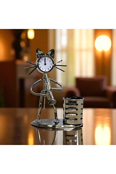Kuzey Tacı Metal Saksafoncu Kedi Masa Saati ve Kalemlik – Dekoratif Ofis Obje...