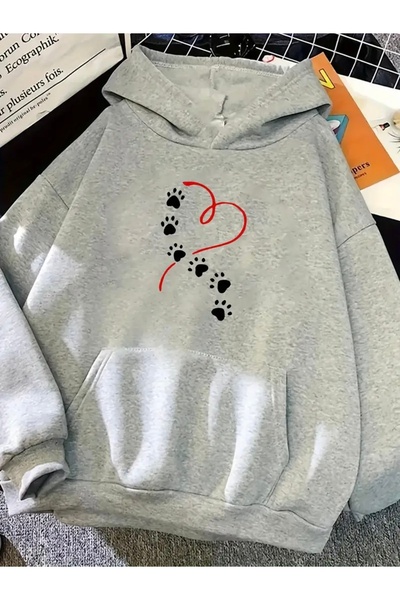 FUFLUNS Oversize Unisex Hooded Sweatshirt with Heart and Pate Print