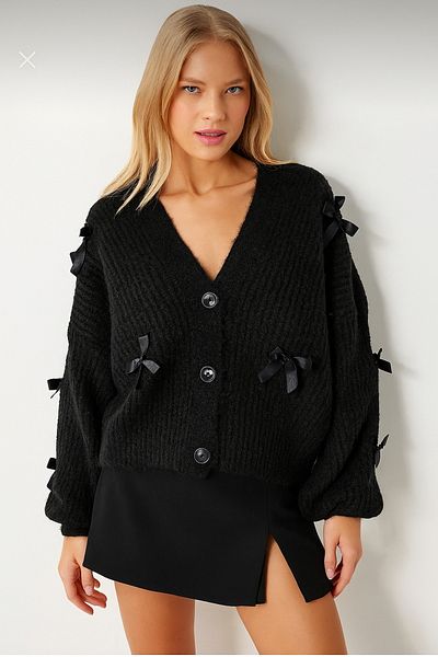 NATUFIAN STORE Women's Black Bowknot Soft Basic Knitwear Cardigan