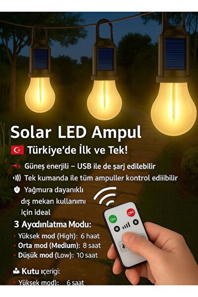 Edison Solar LED Kamp Ampülü | USB Şarjlı Kumandalı Işık