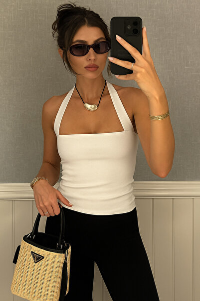 BONNYWILLL BEYAZ BLUZ Body Viskon Kumaş Boyundan Askılı Normal Bel Boy SLIM KALIP