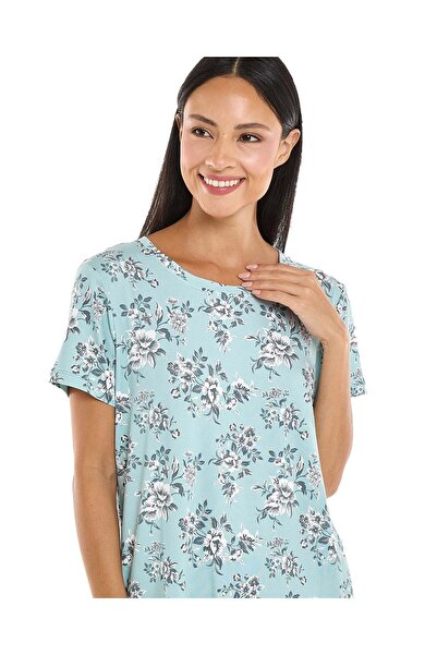 R&B Floral Patterned Nightdress with Crew Neck and Short Sleeves