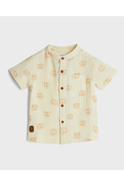 R&B Printed Shirt with Mandarin Collar and Short Sleeves