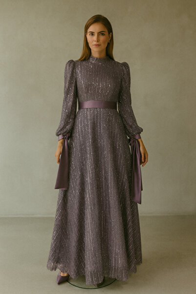 setri 2561 ÖNÜ VE ARKASI BOYDAN BONCUK İŞLEMELİ KOL UCU BAĞLAMALI BELİ KUŞAKLI PRENSES MODEL ABİYE #06-25