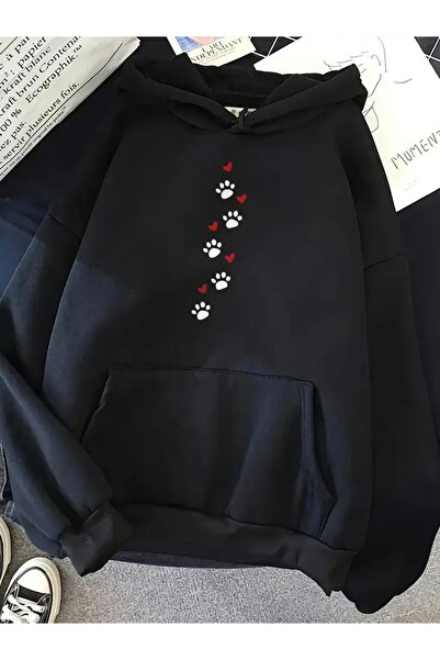 FUFLUNS سويت شيرت بقلنسوة كبير الحجم للجنسين مطبوع عليه قلب وأقدام