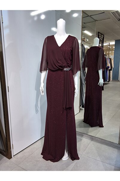 Butik ÜZERİ ŞİFON BELİ TAŞ DETAYLI UZUN SİMLİ BATTAL ABİYE