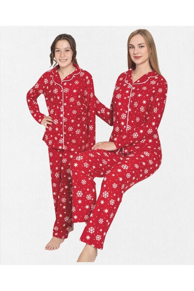 Fil Kids Women's Cotton Fabric Suede Red Snowflake Patterned Piping Shirt Collar Mother-Daughter Pajama Set