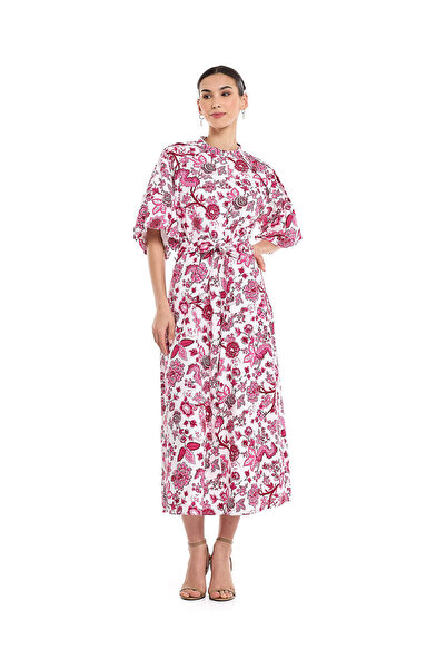R&B Printed Midi Dress with Mock Neck and Flared Sleeves