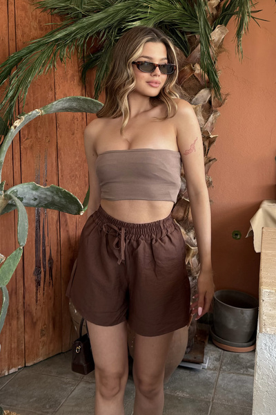 la & vetta Brown Linen Blend Mini Shorts