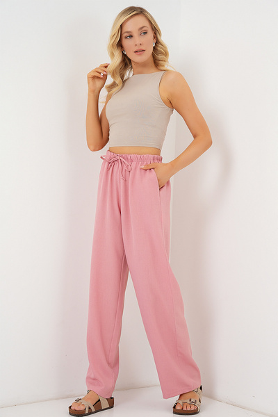 Merterium Women's Wide Leg Linen Trousers Powder 1285