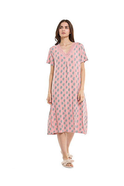 R&B Printed Nightdress with V-Neck and Short Sleeves