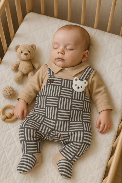 Minizade Appliqued Striped Teddy Bear Booties Baby Jumpsuit Unisex Seasonal Jumpsuit