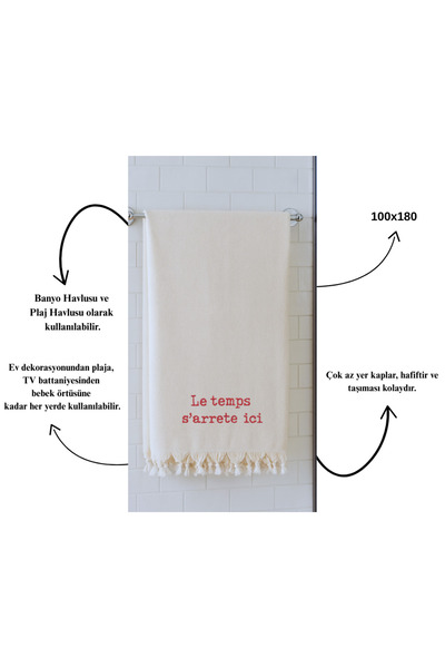 LIWOGY Le Temps S'Arrete Ici Embroidered Peshtemal & Towel & Beach Towel & Cover 100X180