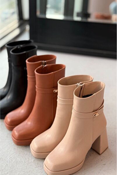 I Love Shoes Xeniar Mat Deri Platform Topuklu Fermuarlı Toka Detaylı Taba Kadın Bot