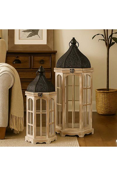 Vi Markets Rustic Lantern Set - Black Metal Accents