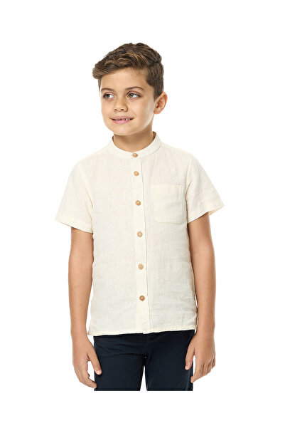 R&B قميص بتفاصيل جيوب وياقة ماندرين وأكمام قصيرة