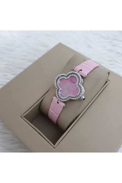 Watch Van Cleef & Arpels women's watch, elegant pink leather model with a white studded frame, with accessories