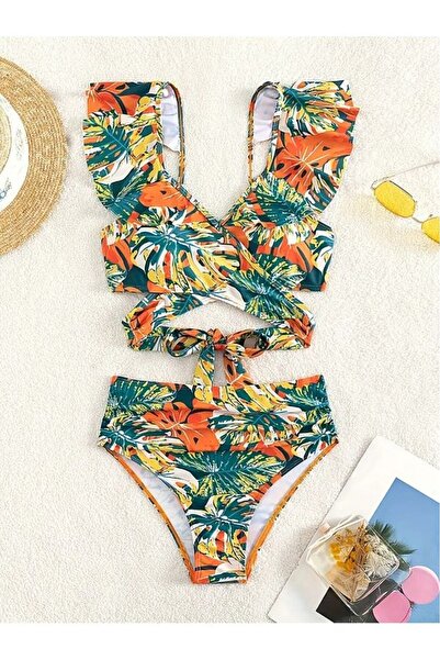 Bermody Set de bikini-costum de baie din 2 piese, cu model de flori tropicale, cu talie înaltă, cu decolteu în V, cu cravată încrucișată