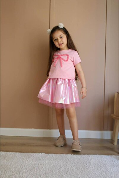 NOBLEKIDS Ribbon Detailed T-Shirt & Bright Pink Skirt Set