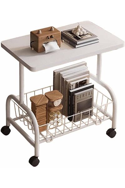 Türkiye 2-Tier Side Table with Wheels, End Table with Removable Storage Basket, Modern Bedside Table for Sma