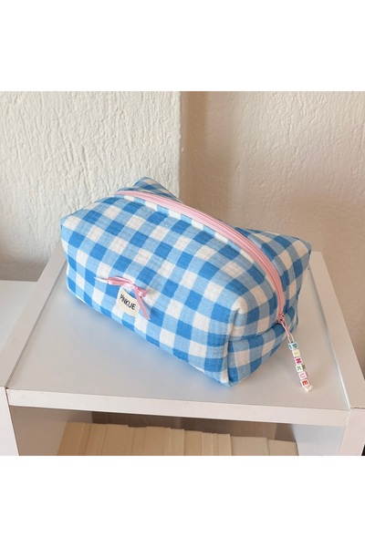 PİNKUE Blue Gingham Cotton Makeup & Editing Bag