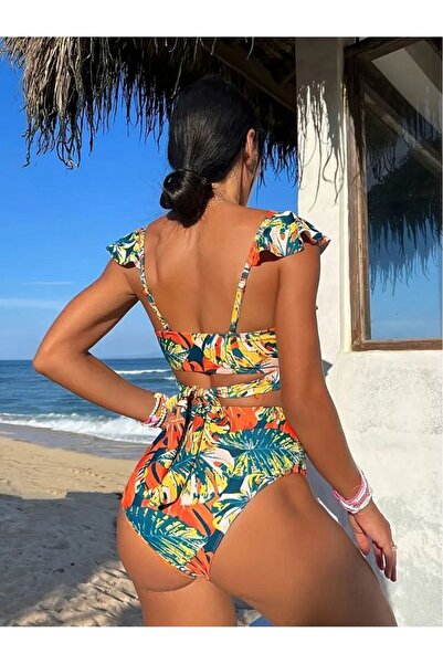 Bermody Set de bikini-costum de baie din 2 piese, cu model de flori tropicale, cu talie înaltă, cu decolteu în V, cu cravată încrucișată