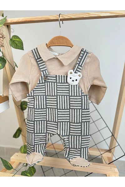 Minizade Appliqued Striped Teddy Bear Booties Baby Jumpsuit Unisex Seasonal Jumpsuit